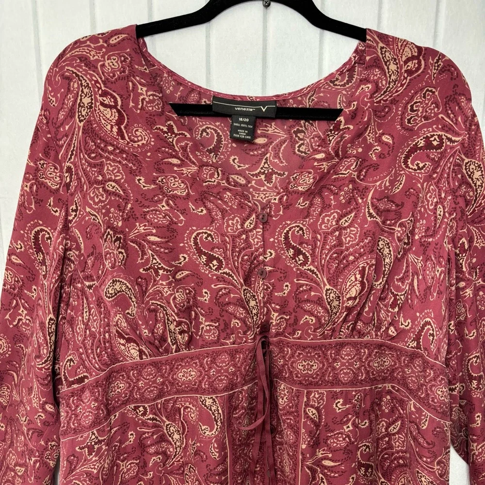 Venezia Long Sleeve Relaxed Tunic Blouse 100%‎ silk  size 18/20